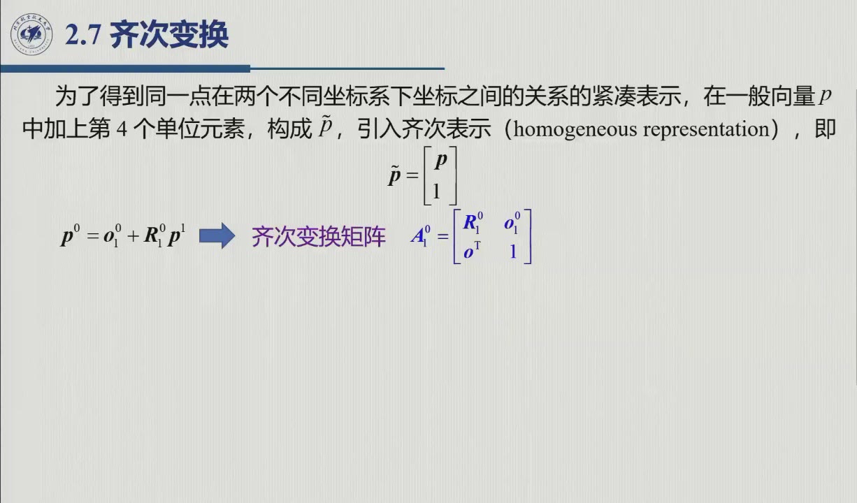 课堂幻灯片 · 约35:52：齐次变换矩阵的分块结构