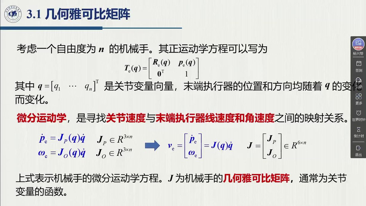 课堂幻灯片 · 00:27:00：微分运动学方程与几何雅可比的分块