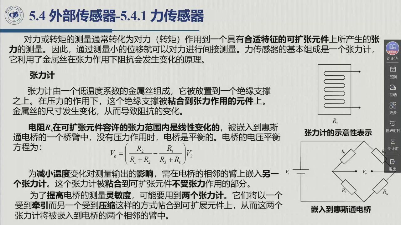 课堂幻灯片 · 02:01:58：5.4.1 力传感器——张力计由其低温度系数金属丝与绝缘支撑构成，嵌入惠斯通电桥的一个桥臂（含式 5.30），以及温度补偿与灵敏度提升的两段说明