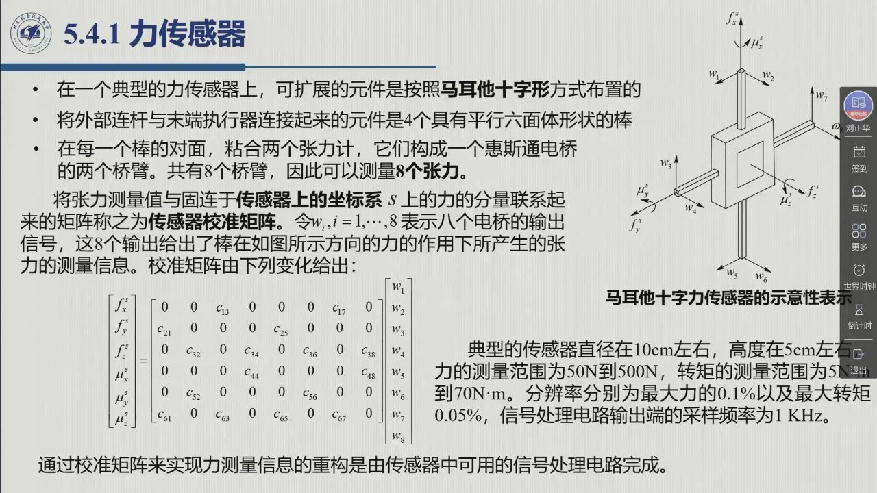 课堂幻灯片 · 02:06:58：5.4.1 力传感器——马耳他十字力传感器的示意性表示（4 个棒、8 个张力计桥臂）与式 5.31 的传感器校准矩阵，右下角为直径/高度/量程/分辨率/采样频率等典型指标
