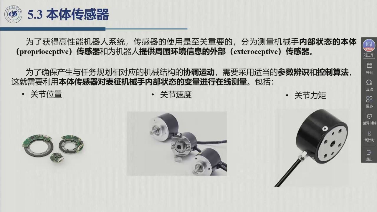 课堂幻灯片 · 01:44:57：5.3 本体传感器——需要在线测量的三个内部状态量（关节位置 / 关节速度 / 关节力矩），右侧是编码器实物