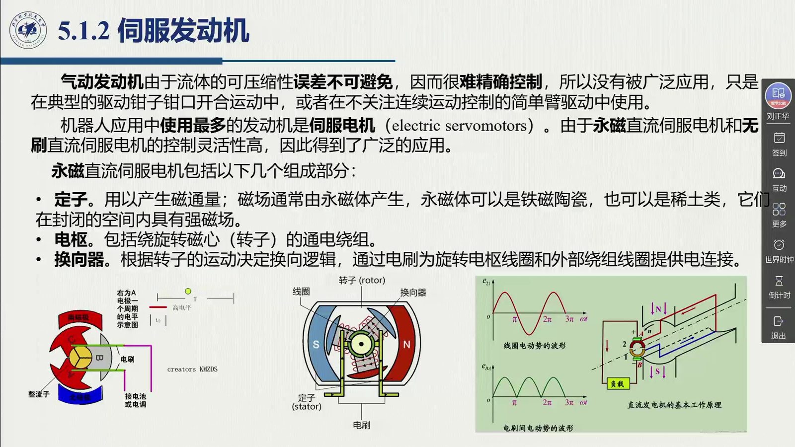 课堂幻灯片 · 00:44:11：气动发动机与永磁直流伺服电机的组成（定子线圈 / 电枢 / 换向器）